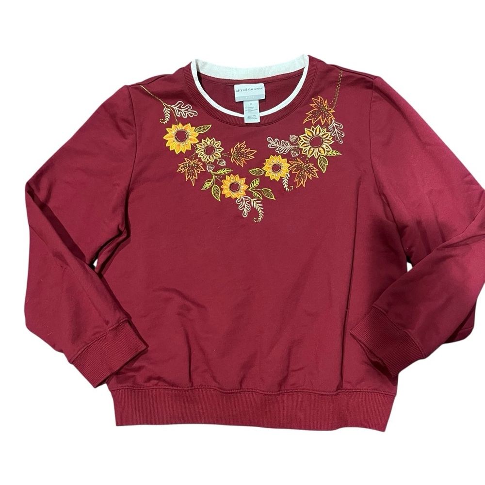 Alfred Dunner Women's Petite Large Burgundy Sunflower‎ Long Sleeve Knit Top